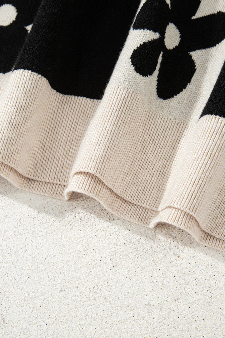 Black Flower Plaid Henley Baggy Sweater