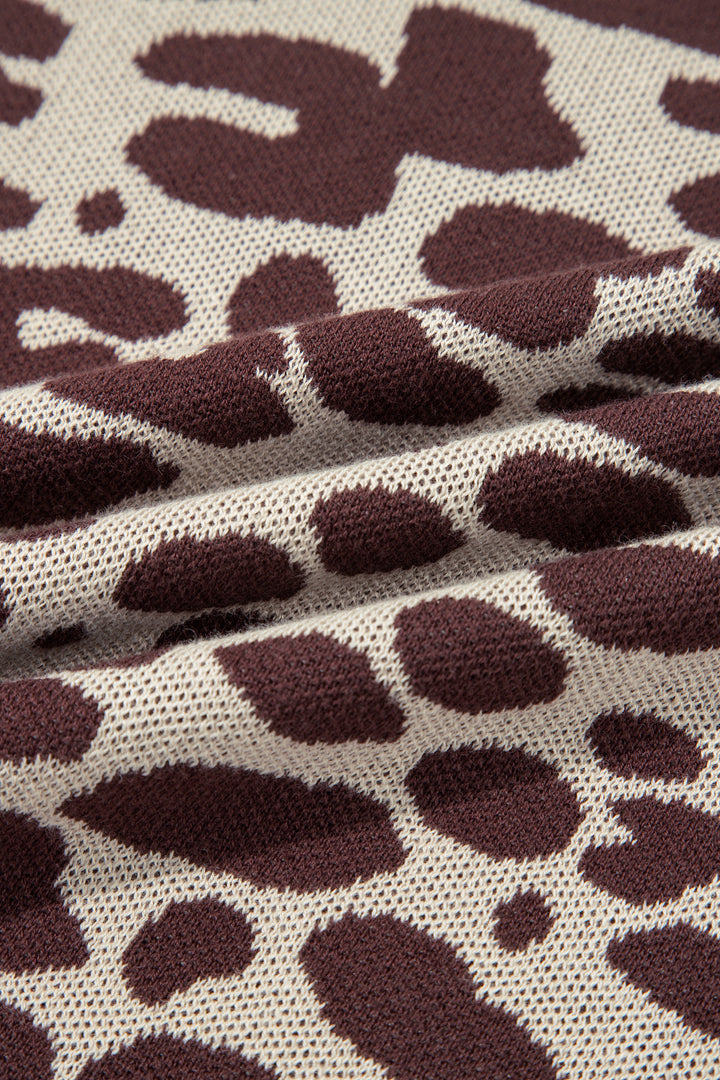 Khaki Leopard Print Short Sleeve Knit Loose Pullover Sweater