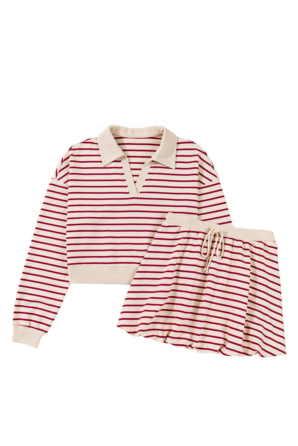 Red Stripe Cropped Collared Drop Shoulder Pullover and Bubble Mini Skirt Set