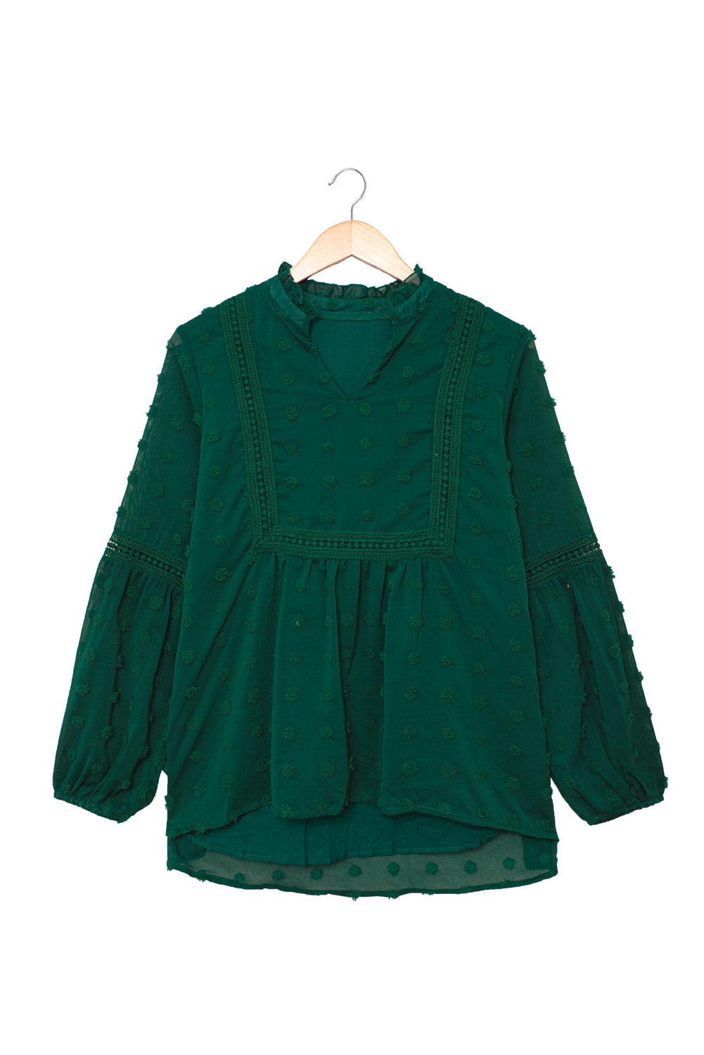 Green Ruffled Split Neck Lace Hollow Out Puff Sleeve Polka Dot Blouse