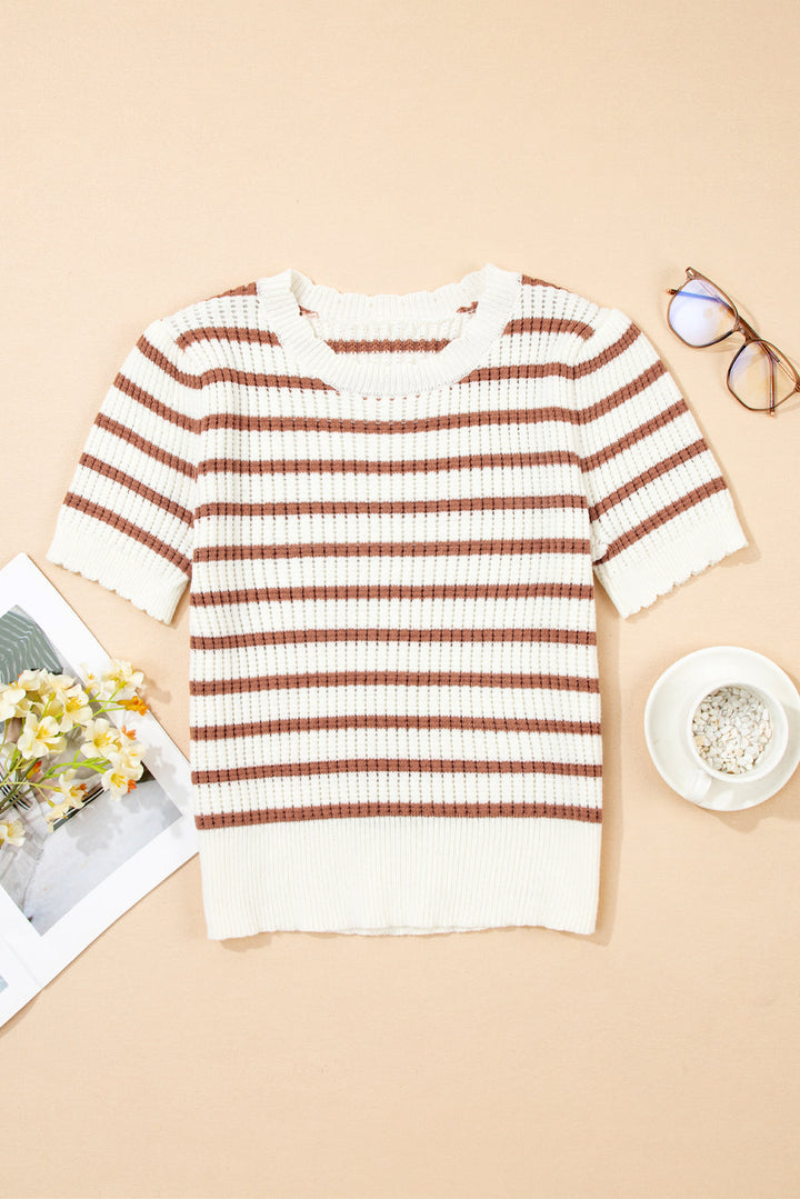 Eloise Stripe Scalloped Round Neck Short Sleeve Sweater
