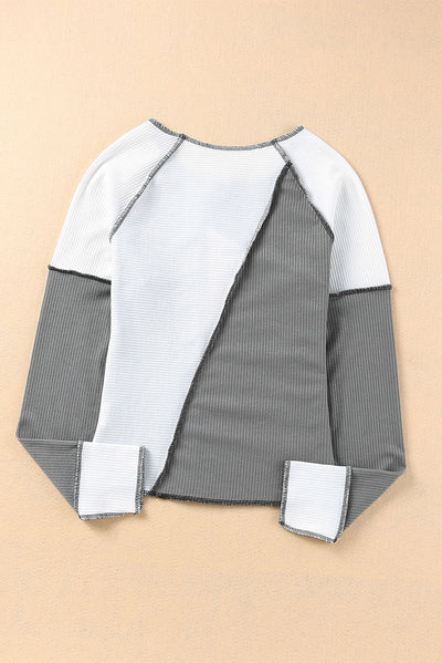 Gray Irregular Color Block Seaming Trim Rib Knit Top