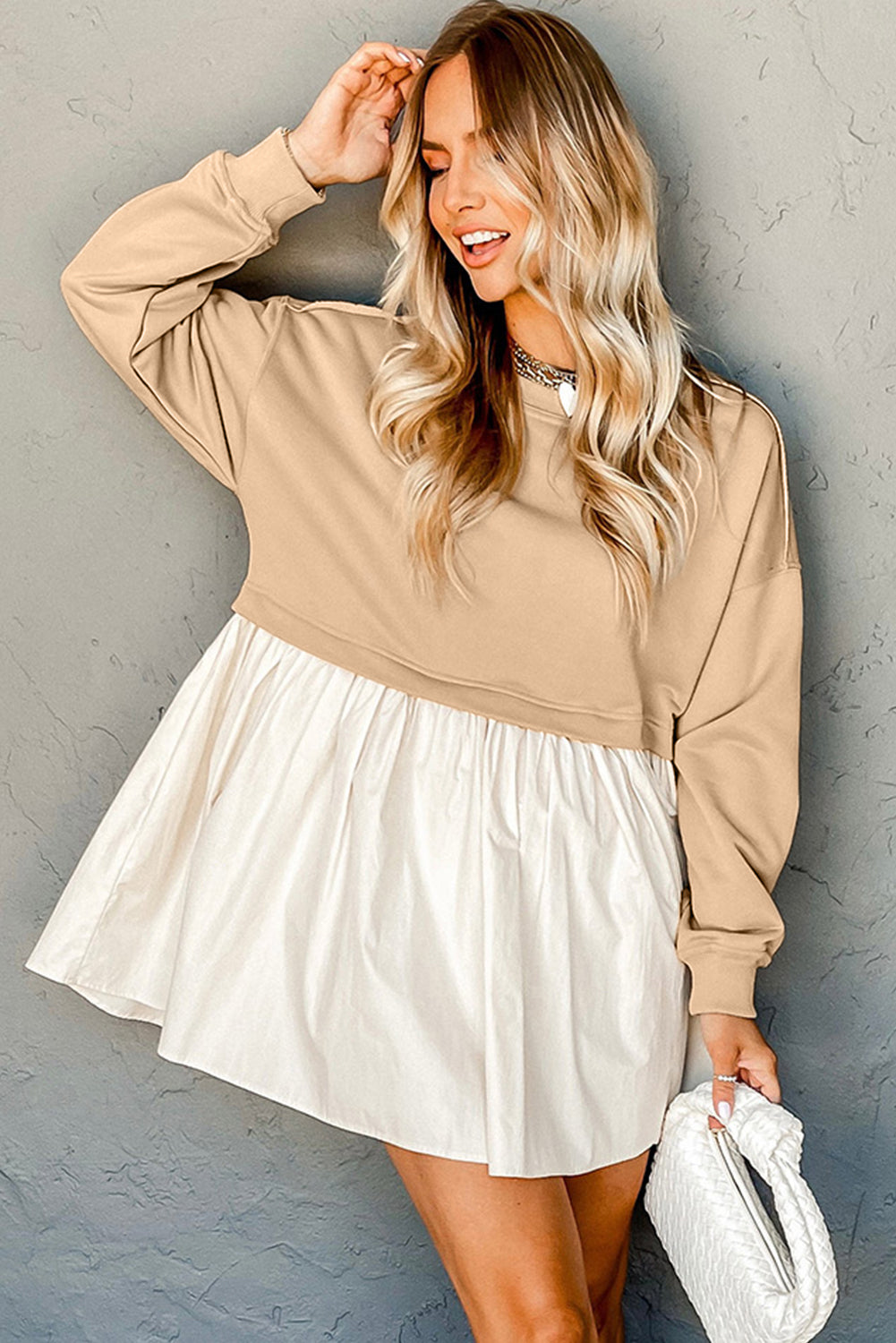 Pale Khaki Sweatshirt Poplin Mini Dress