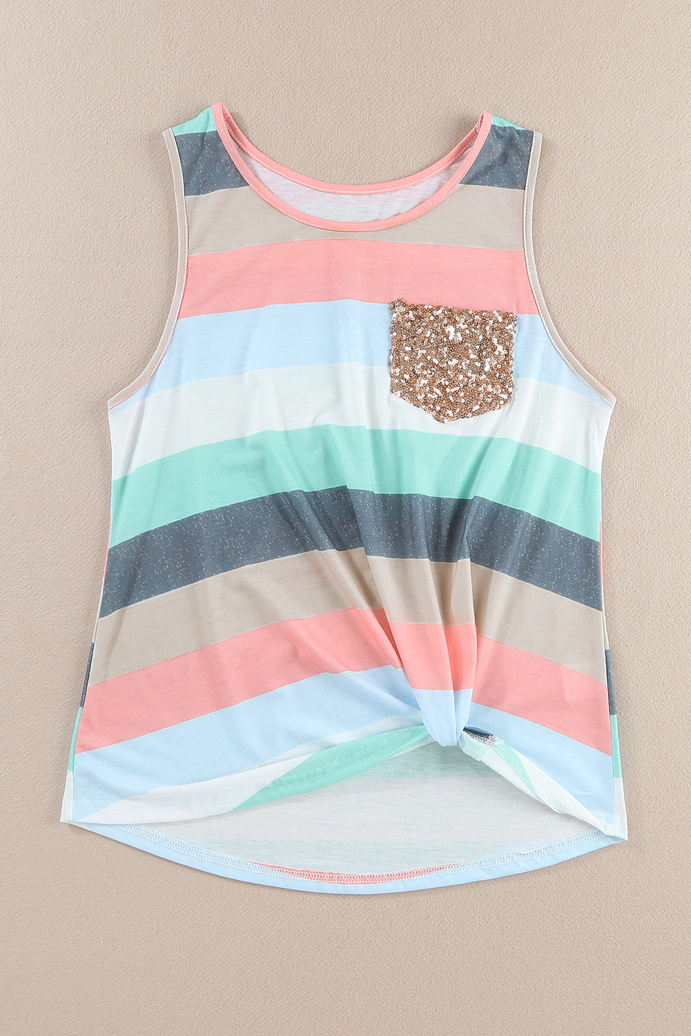 Multicolor Sequin Pocket Patchwork Striped Tank Top