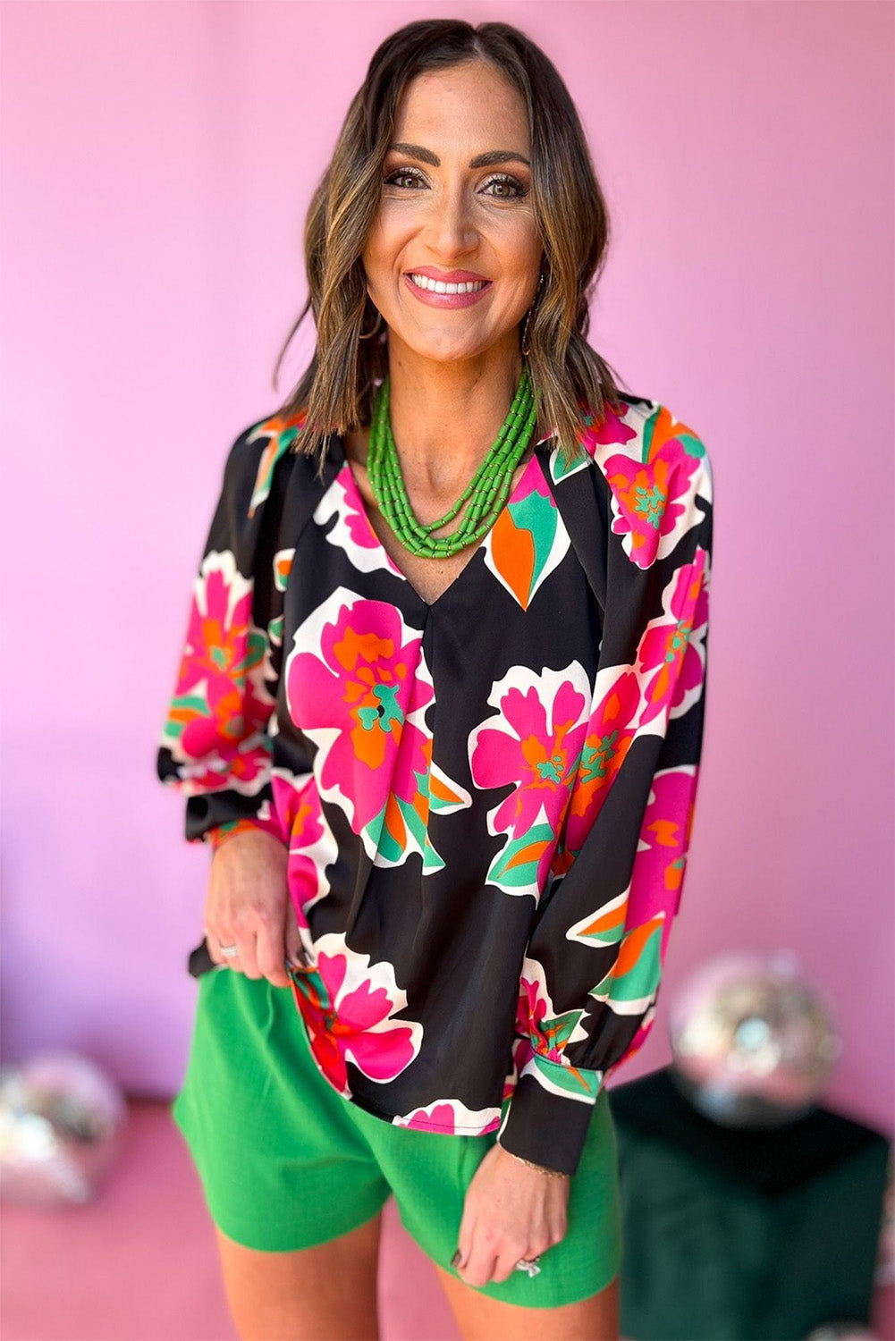 Black Flower Print Puff Sleeve Blouse