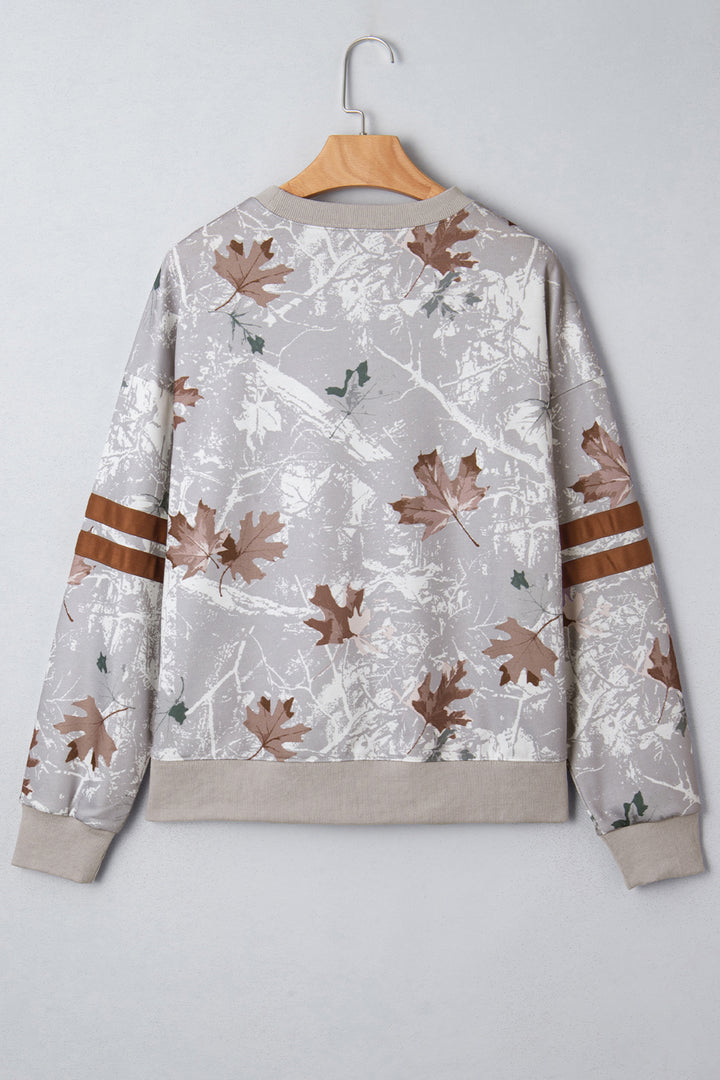 Gray Maple Leaf Camo Print Varsity Striped Sleeve Casual Sweatshirt