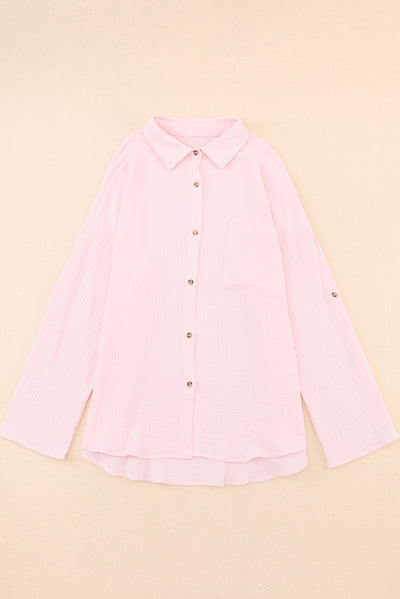 Pink Crinkle Texture Roll-tab Sleeve Shirt