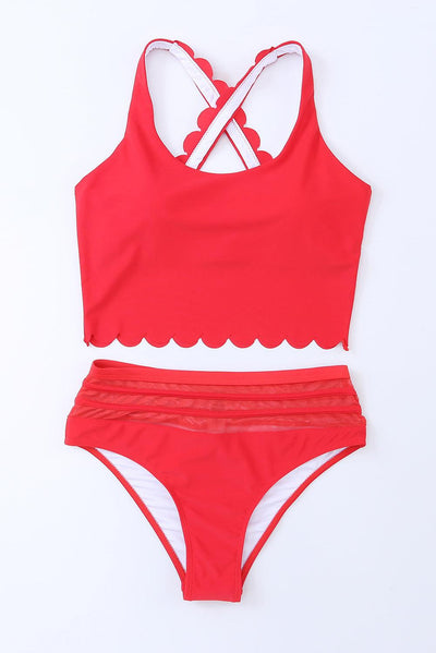 Rose Scalloped Criss Cross High Waist Bikini