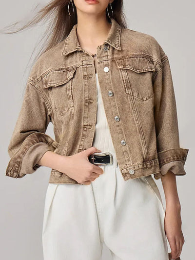 Pocketed Collared Neck Denim Jacket