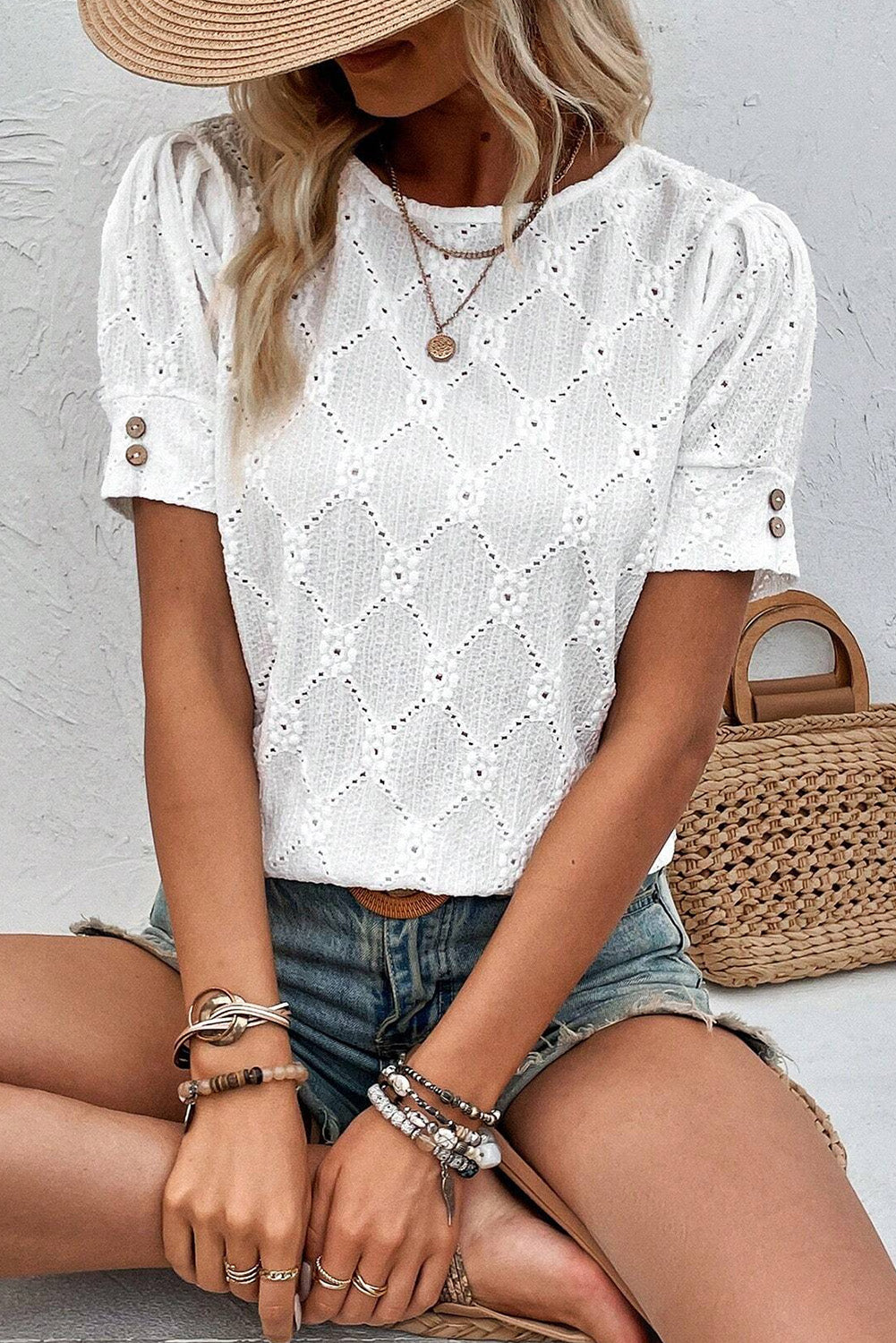 White Eyelet Embroidered Short Puff Sleeve Top