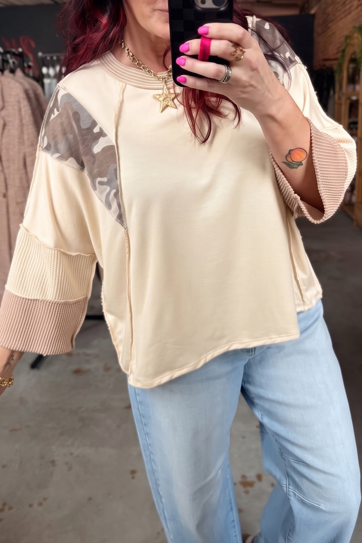 Beige Camouflage Colorblock Twist Rib Patchwork 3/4 Sleeve Top