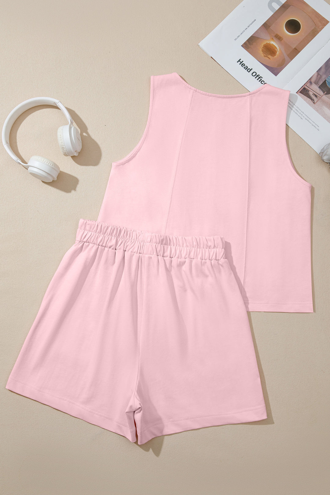 Mist Blue Stitched Detail Loose Tank Top 2pcs Short Set
