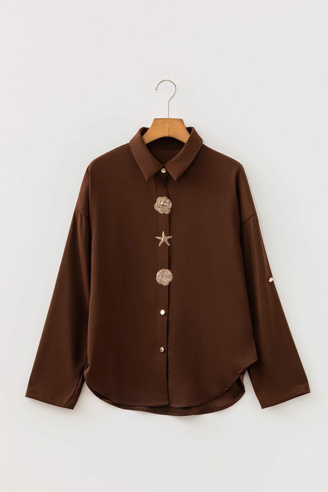 Coffee Multi Button Decoration Tab Long Sleeve Casual Shirt