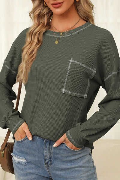 Mist Green Contrast Exposed Stitching Waffle Knit Top