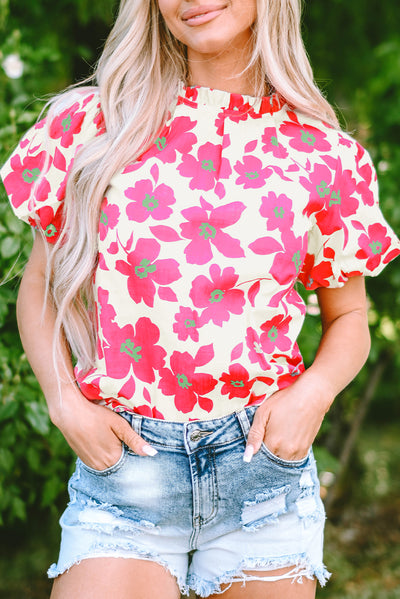 Beige Floral Puff Sleeve Frilled Neckline Blouse