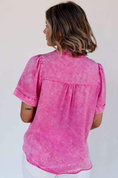 Bright Pink Mineral Wash Split Neck Pocket Patched Denim Top