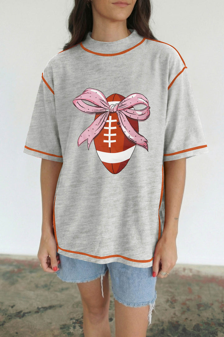 Light Grey Sweet Bow Rugby Football Graphic Contrast Stitched Tee