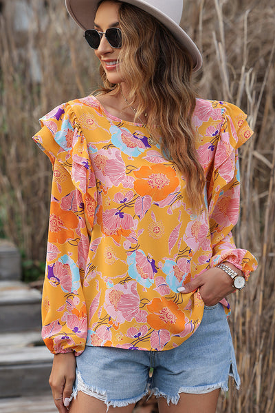 Ginger Floral Print Ruffle Puff Sleeve Blouse