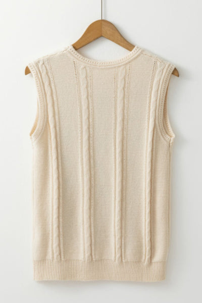 Embroidered Cable-Knit Round Neck Sweater Vest