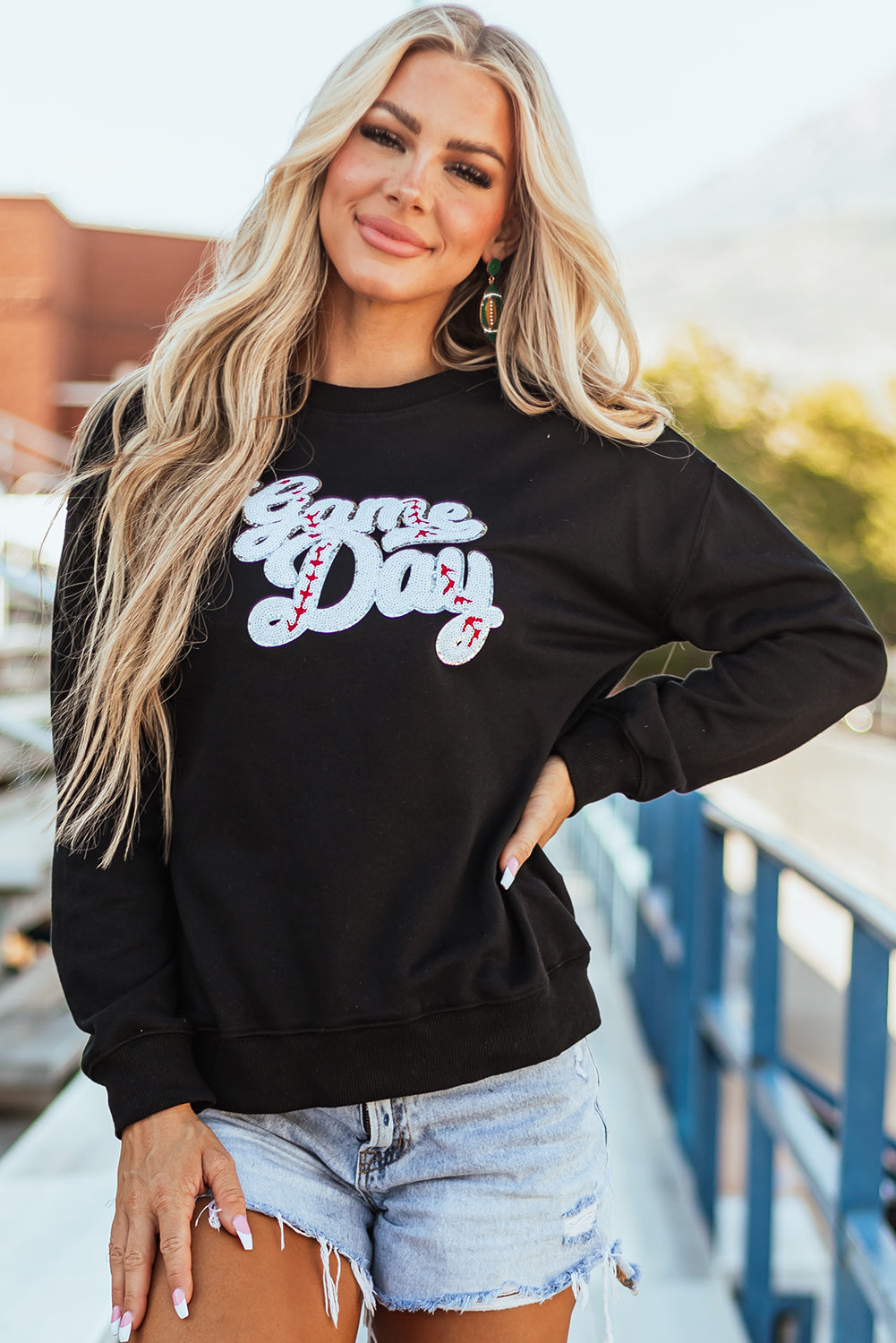 Black Sequined Game Day Graphic Crew Neck  Sweatshirt