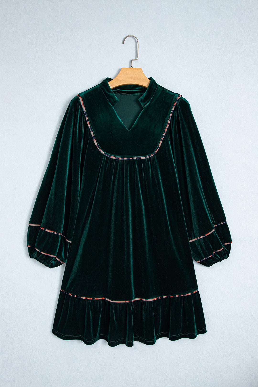 Blackish Green Leopard Trim Velvet Long Sleeve Shift Dress