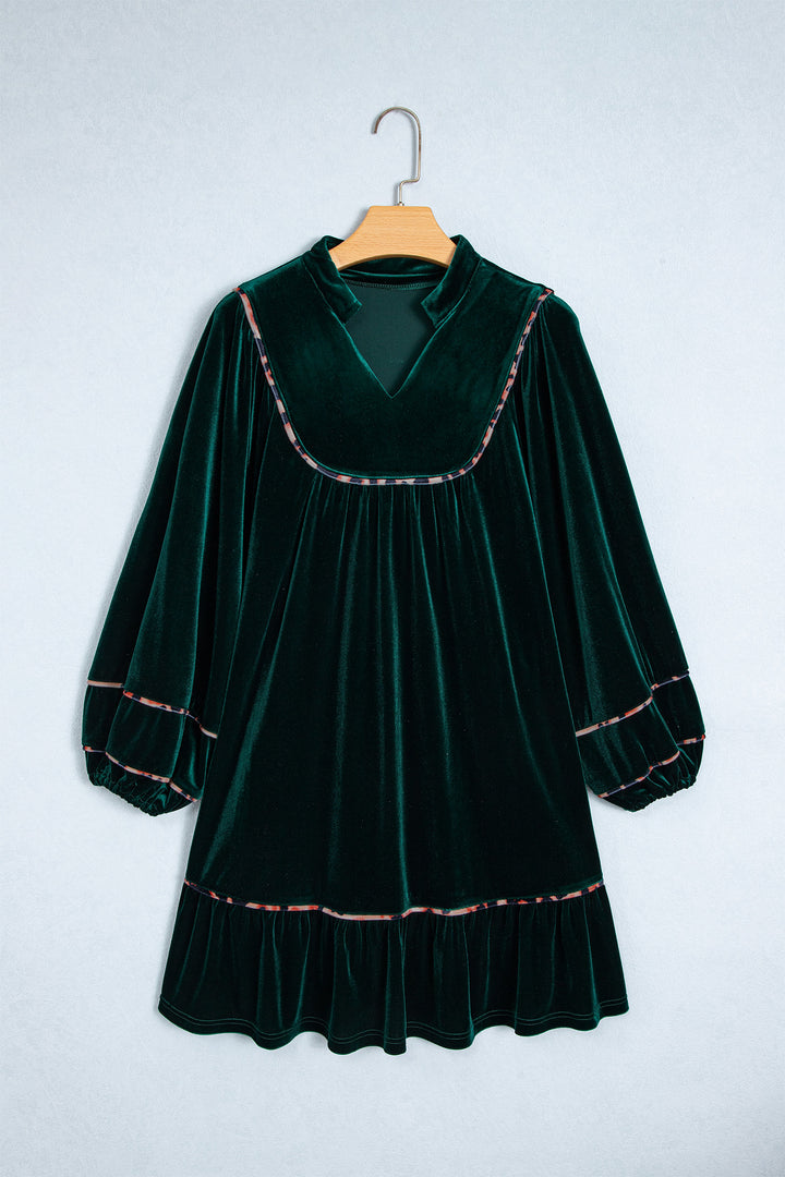 Blackish Green Leopard Trim Velvet Long Sleeve Shift Dress