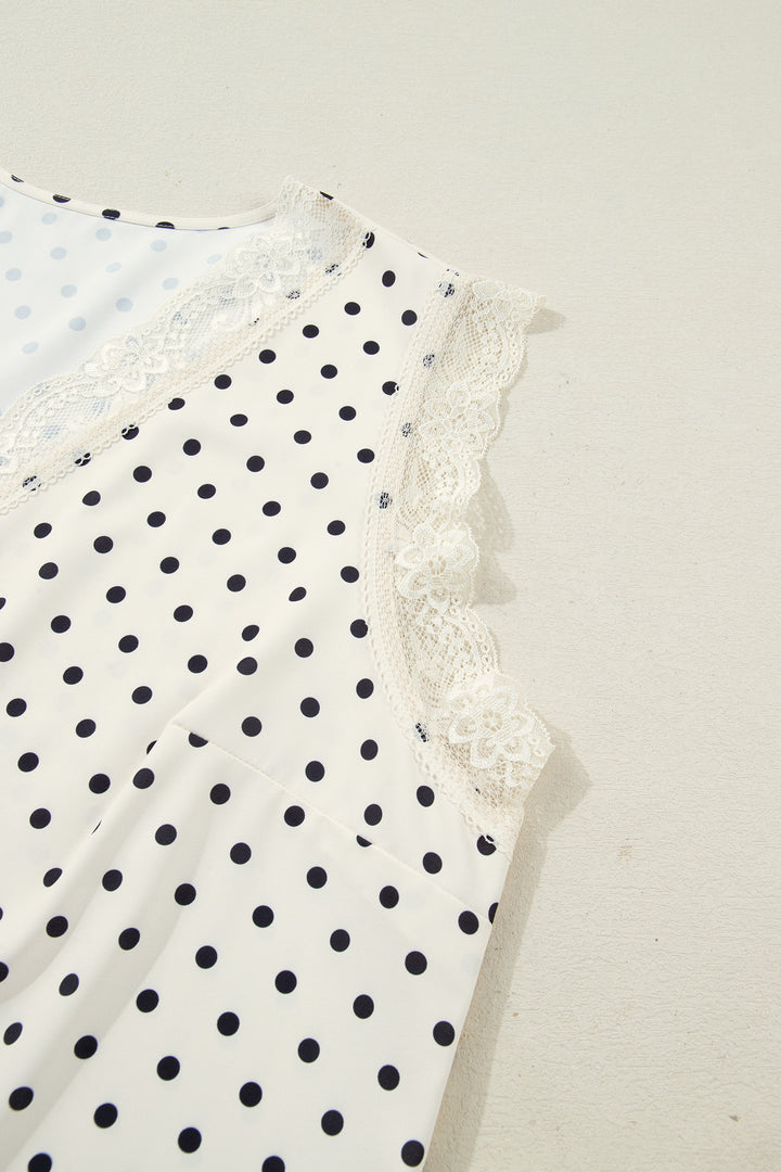 Apricot Plus Size Polka Dot Print Lace Trim V Neck Sleeveless Top