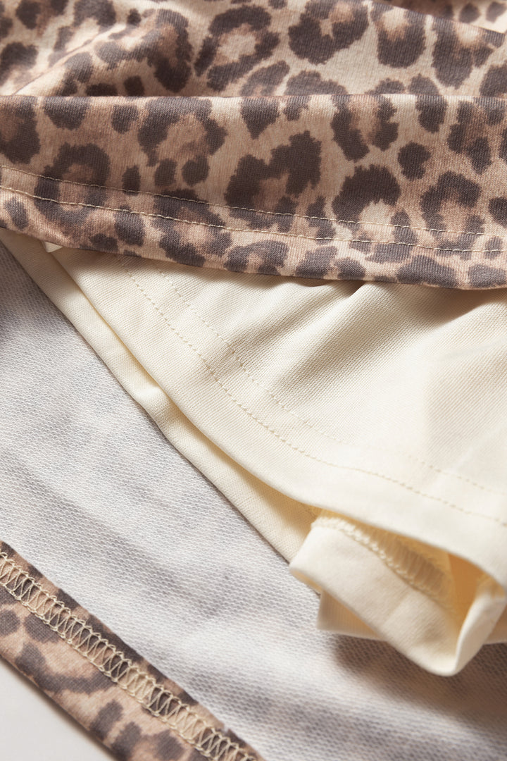 Light French Beige Leopard Print V Neck Pullover Mini Skirt 2pcs Set