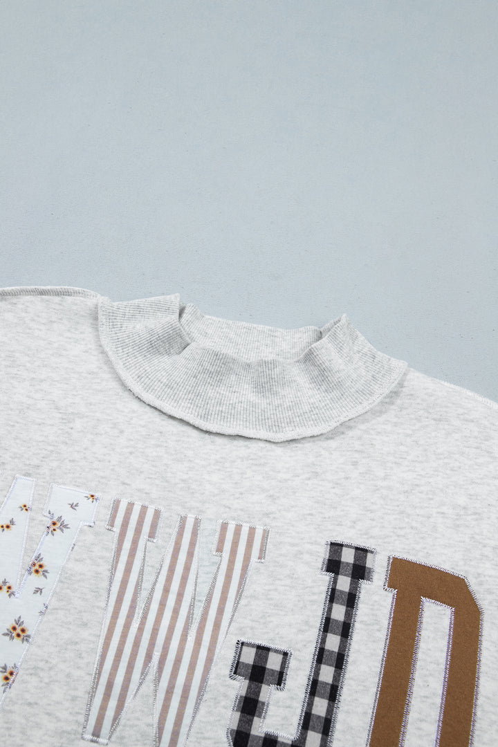 Gray WWJD Mixed Pattern Embroidered Patch Graphic Mock Neck Sweatshirt