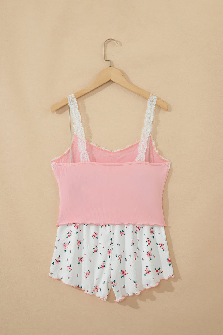 Pink Ribbed Knit Lace Straps Patchwork Lettuce Hem Cropped Top Floral Short Lounge Set