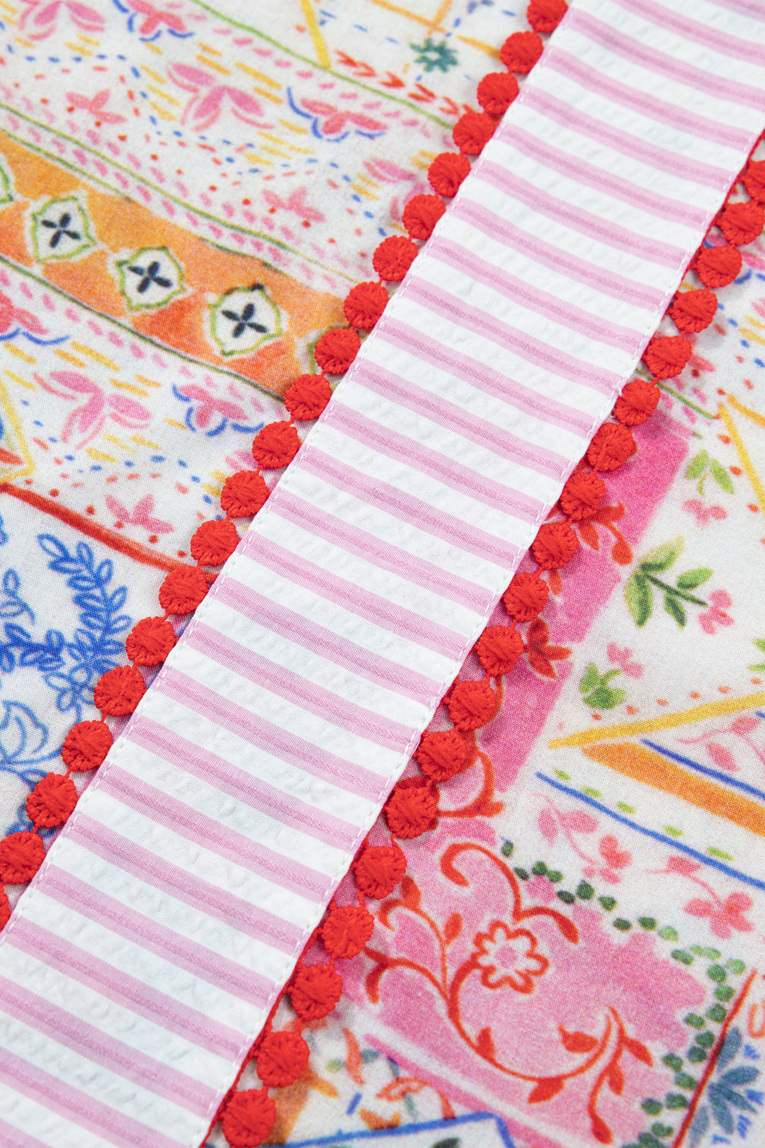 Red Mixed Print V Neck Short Sleeve Blouse