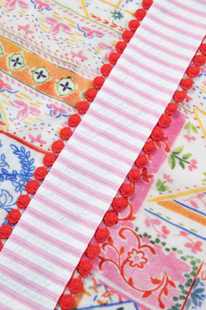 Red Mixed Print V Neck Short Sleeve Blouse