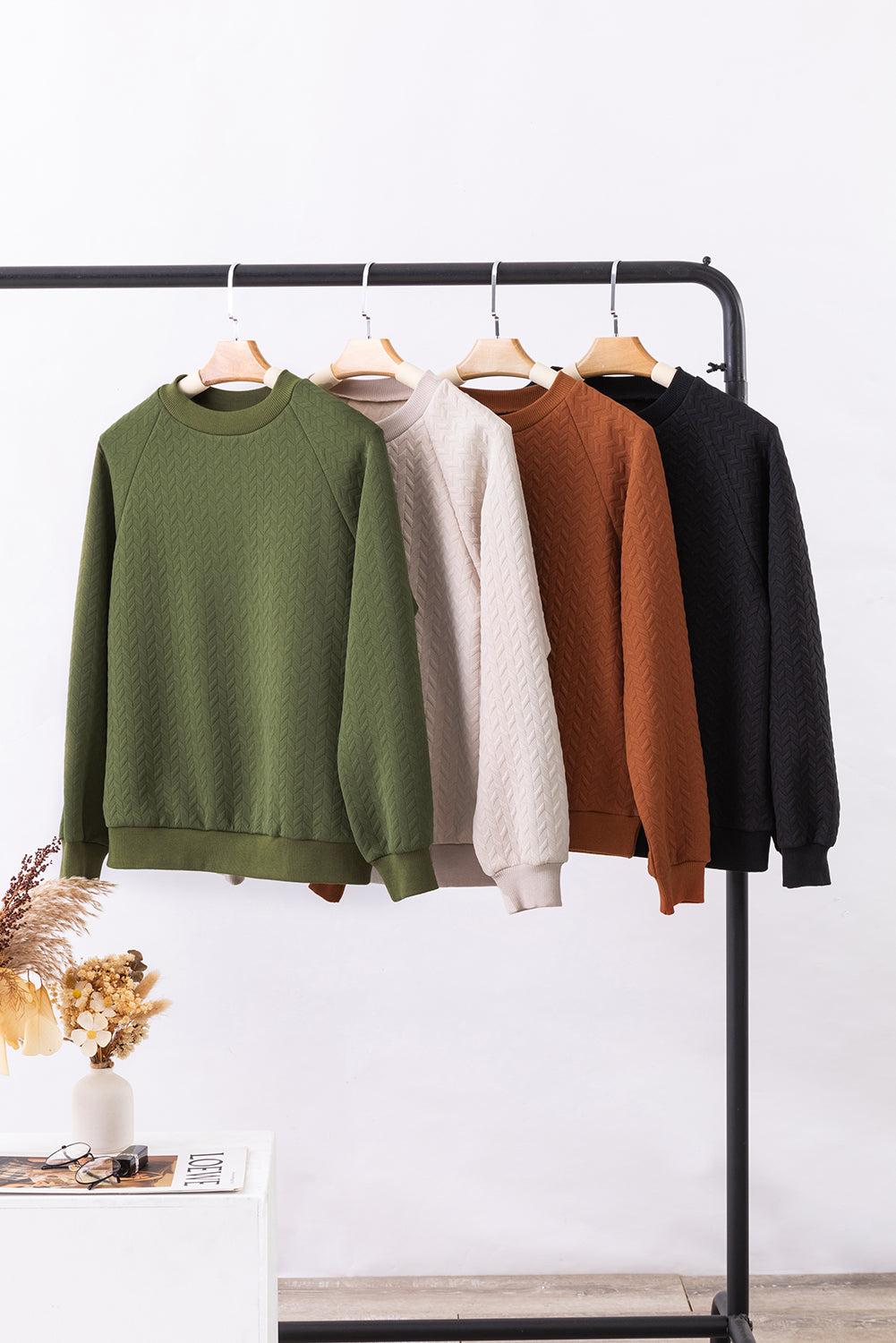 Chestnut Solid Textured Raglan Sleeve Pullover Sweatshirt