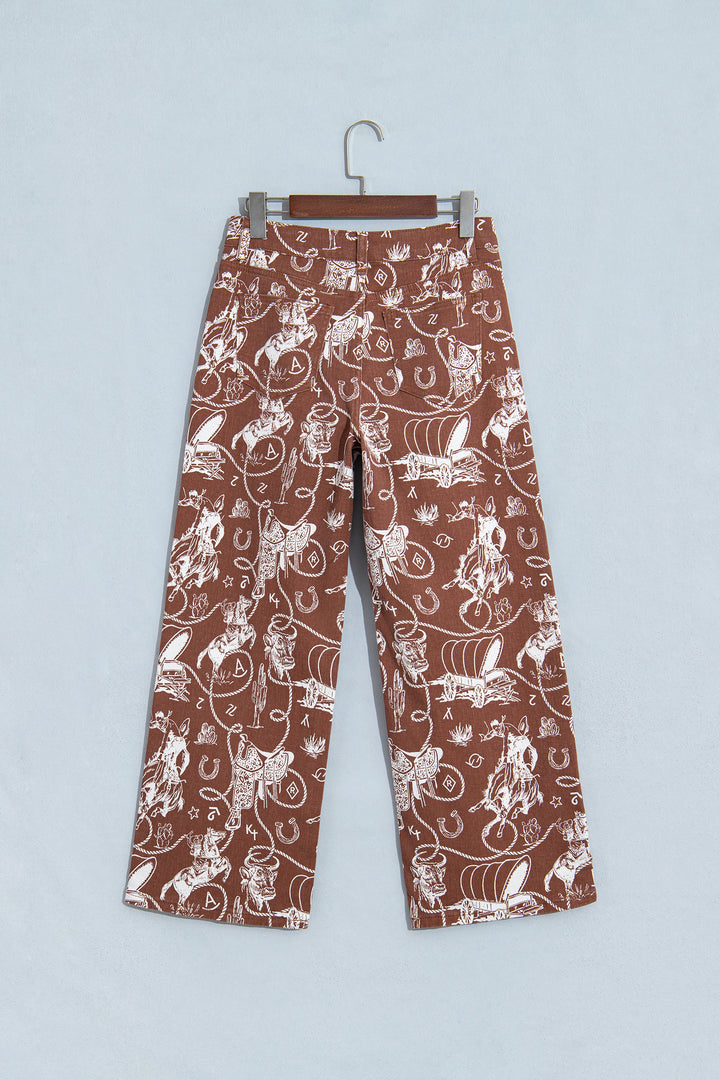 Brown Western Print Casual Shift Jeans