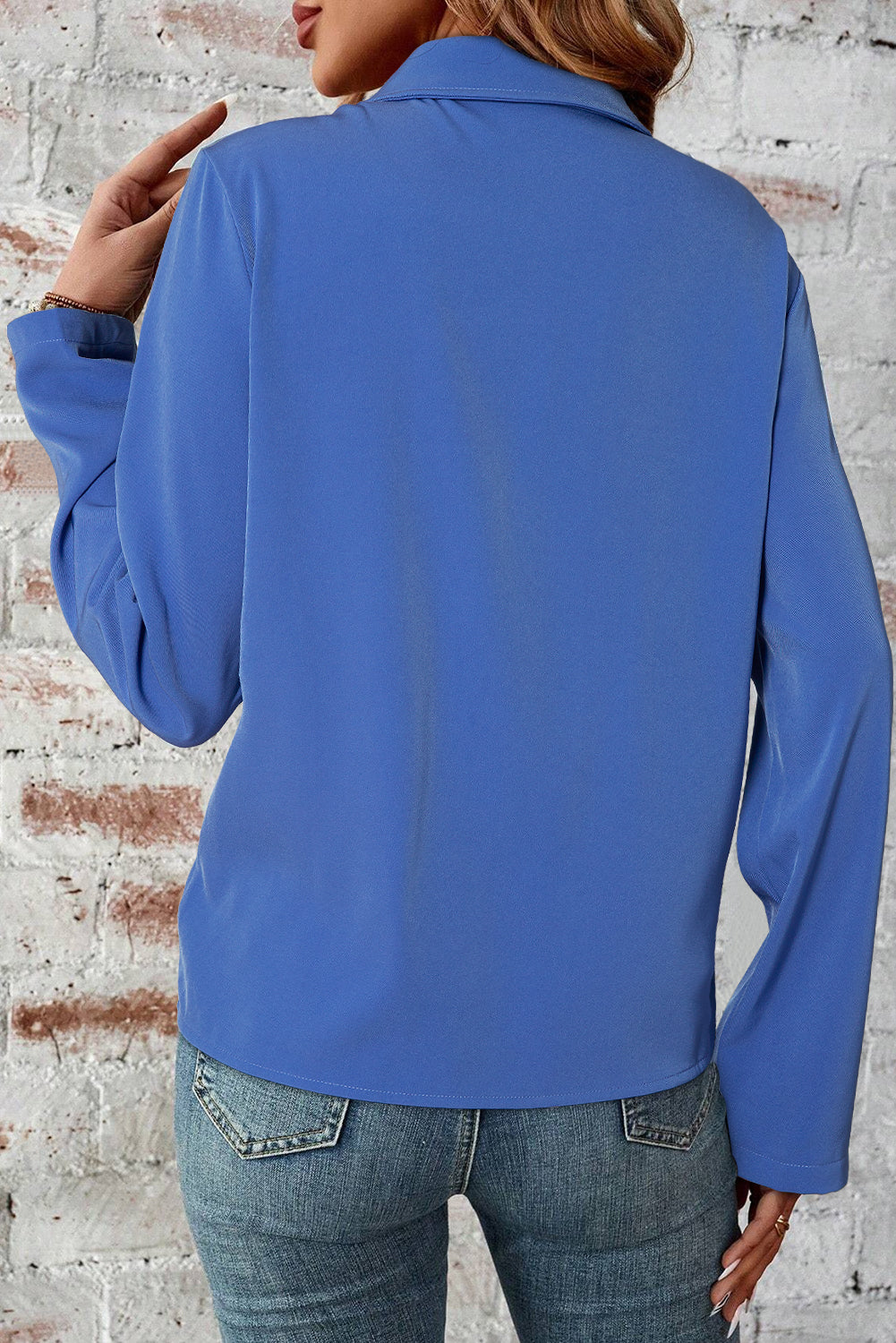 Dusk Blue Collar Tab Sleeve Zip Up Flap Detail Jacket