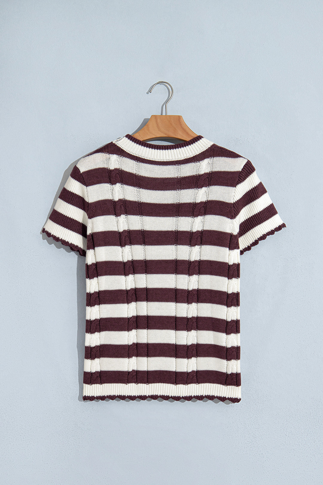 Brown Stripe Ribbed Knit Cable Detail Short Sleeve Sweater