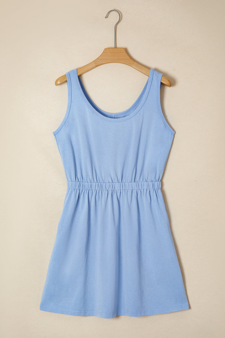 Sky Blue Mineral Wash Elastic Waist Tank Dress with Side Pockets