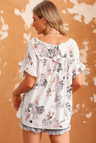 White Floral Ruffled Short Sleeve Back Knot Blouse