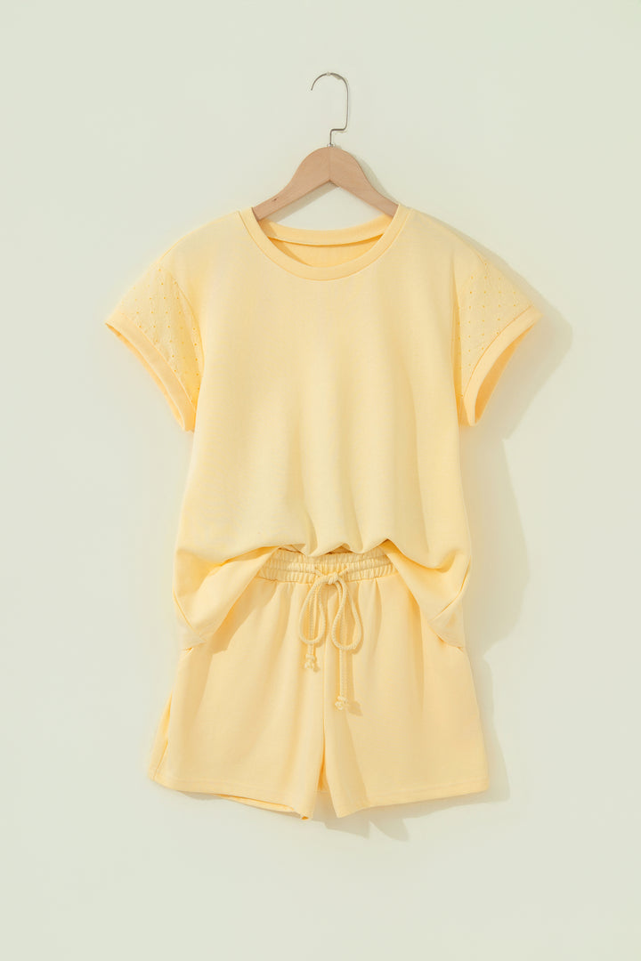 Yellow Eyelet Lace Patchwork Sleeve Short 2pcs Outfit