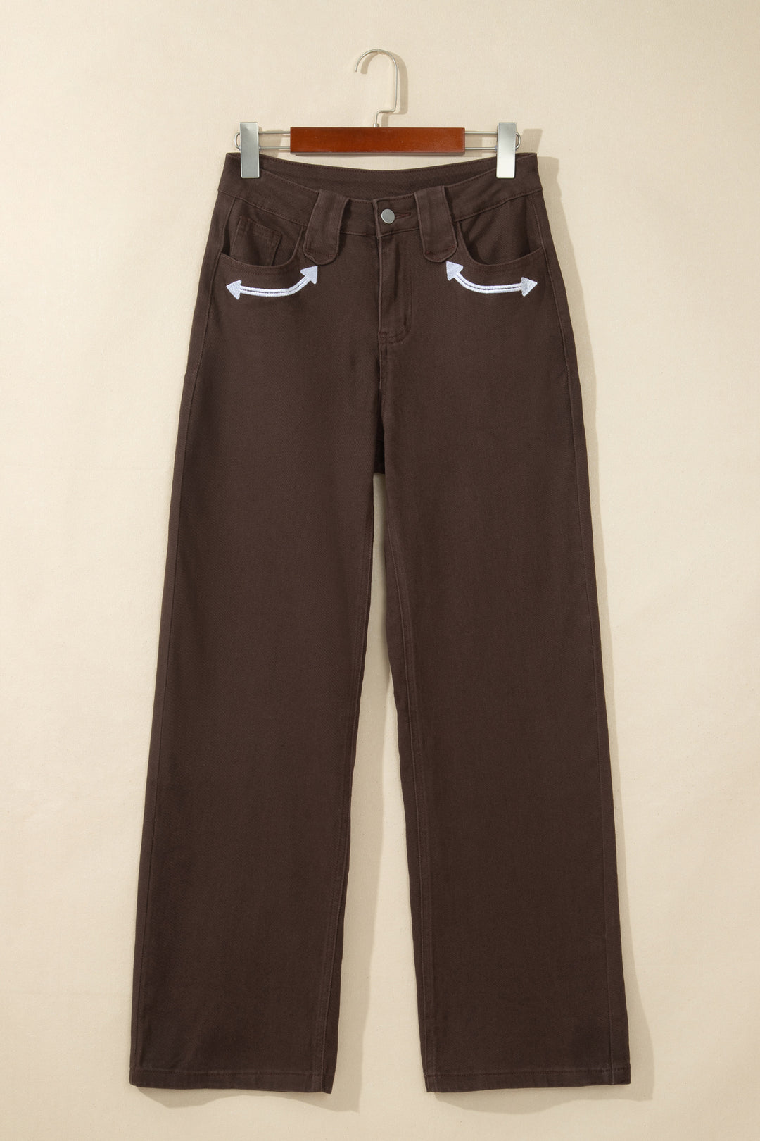 Coffee Western Colorblock Pockets Button Fly Decorative Belt Loops Straight Leg Jeans