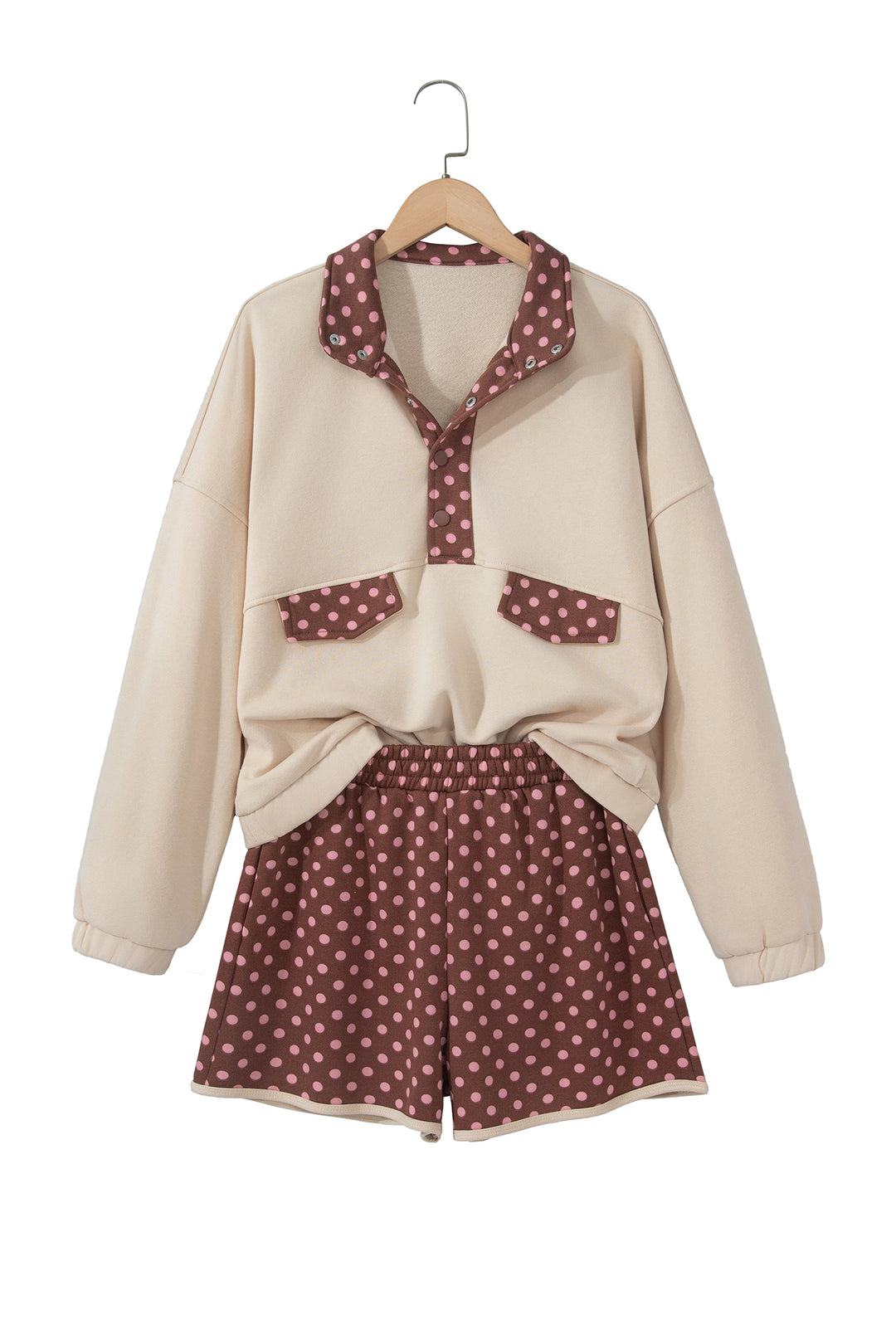 Brown Polka Dot Contrast Baggy Pullover and Elastic Waist Shorts 2pcs Set