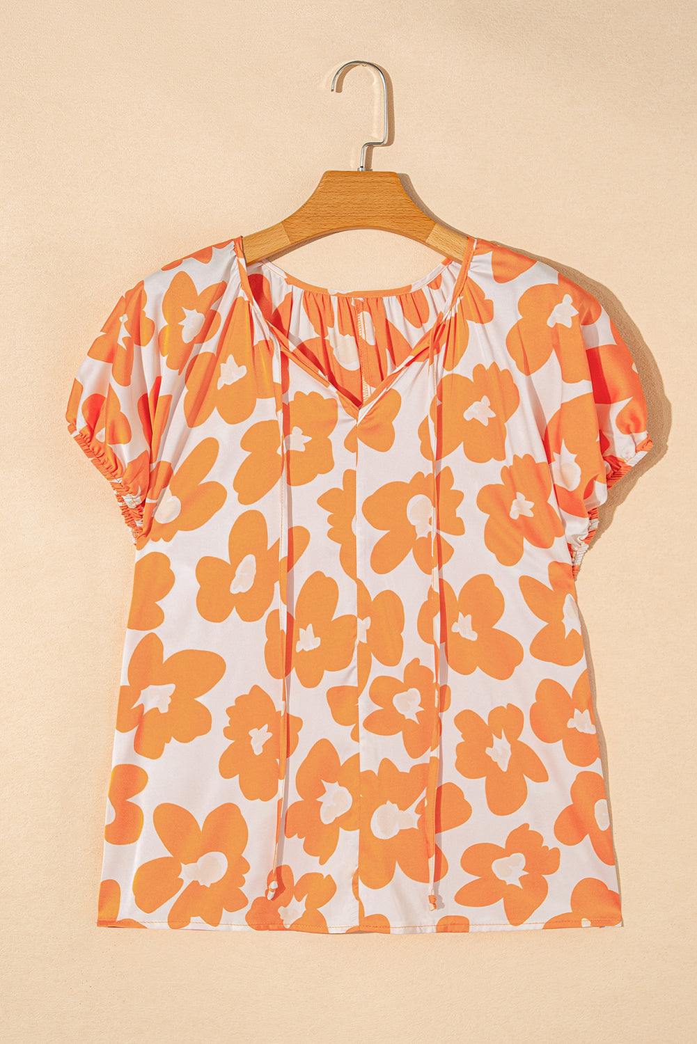 Orange Satin Floral Puff Sleeve Tied Split Neck Top