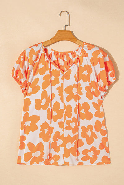 Orange Satin Floral Puff Sleeve Tied Split Neck Top