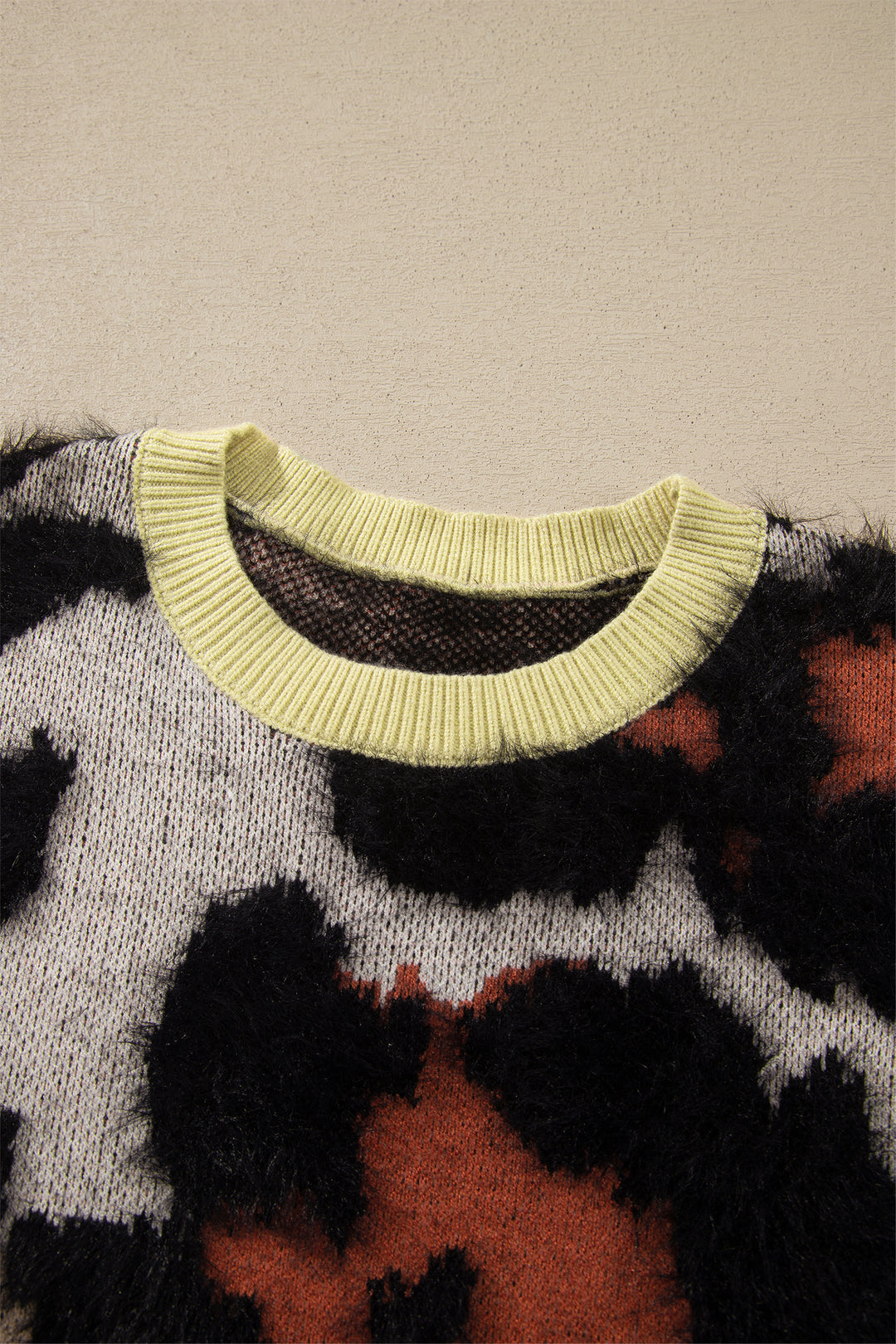 Khaki Leopard Print Drop Shoulder Long Sleeve Round Neck Sweater