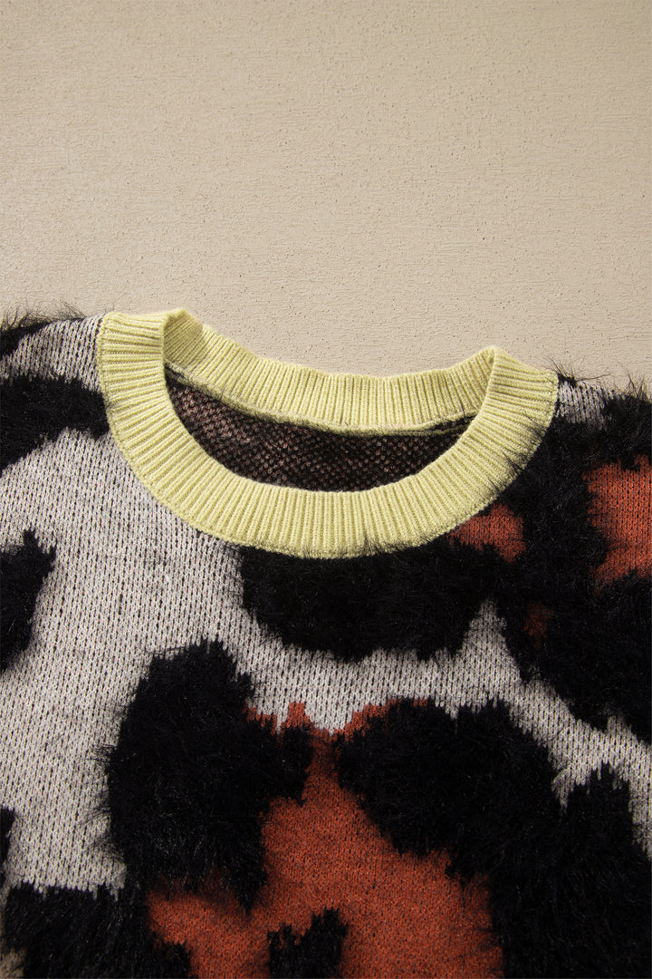 Khaki Leopard Print Drop Shoulder Long Sleeve Round Neck Sweater