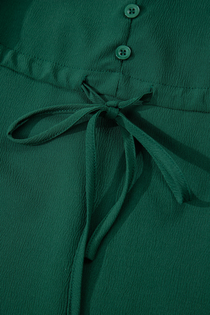 Blackish Green Solid Long Sleeve Button V Neck Tiered Maxi Dress