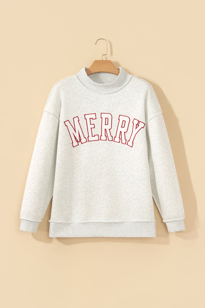 Gray MERRY Embroidered Letter High Neck Tunic Pullover Sweatshirt