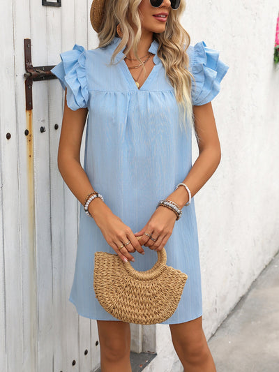 Ruffled Notched Cap Sleeve Mini Dress