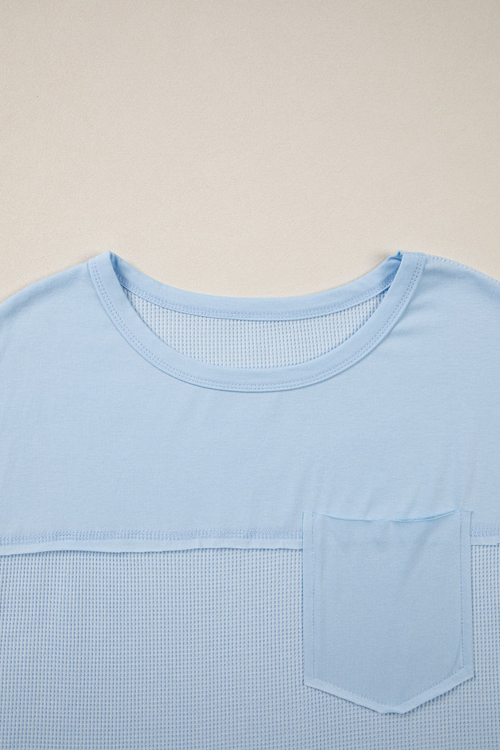 Light Blue Solid Color Raw Seam Waffled Patchwork Casual T Shirt