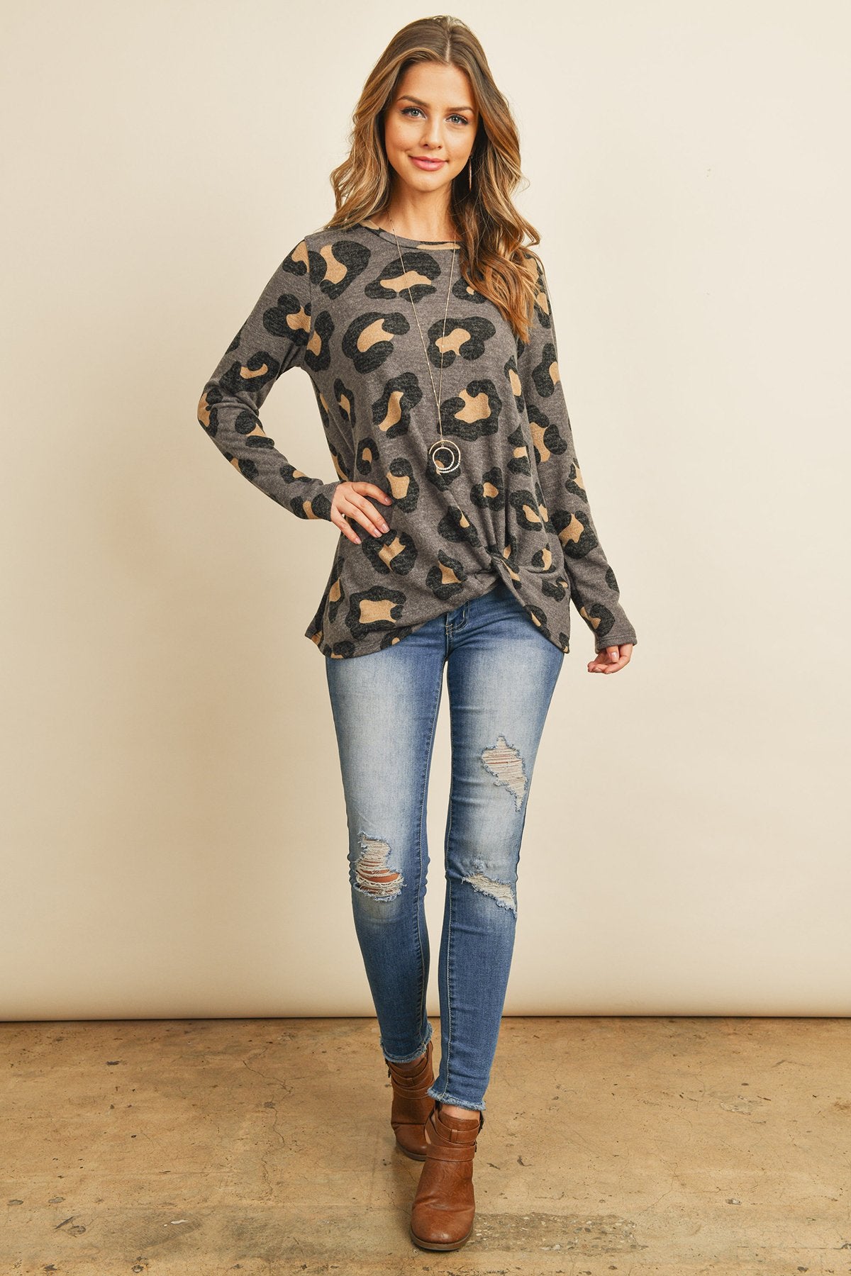 Long Sleeve Round Neck Leopard Knot Top